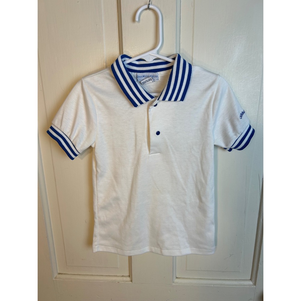 Vintage OshKosh B'gosh Kids White Blue Striped Collar Polo Shirt Size 6 USA Made